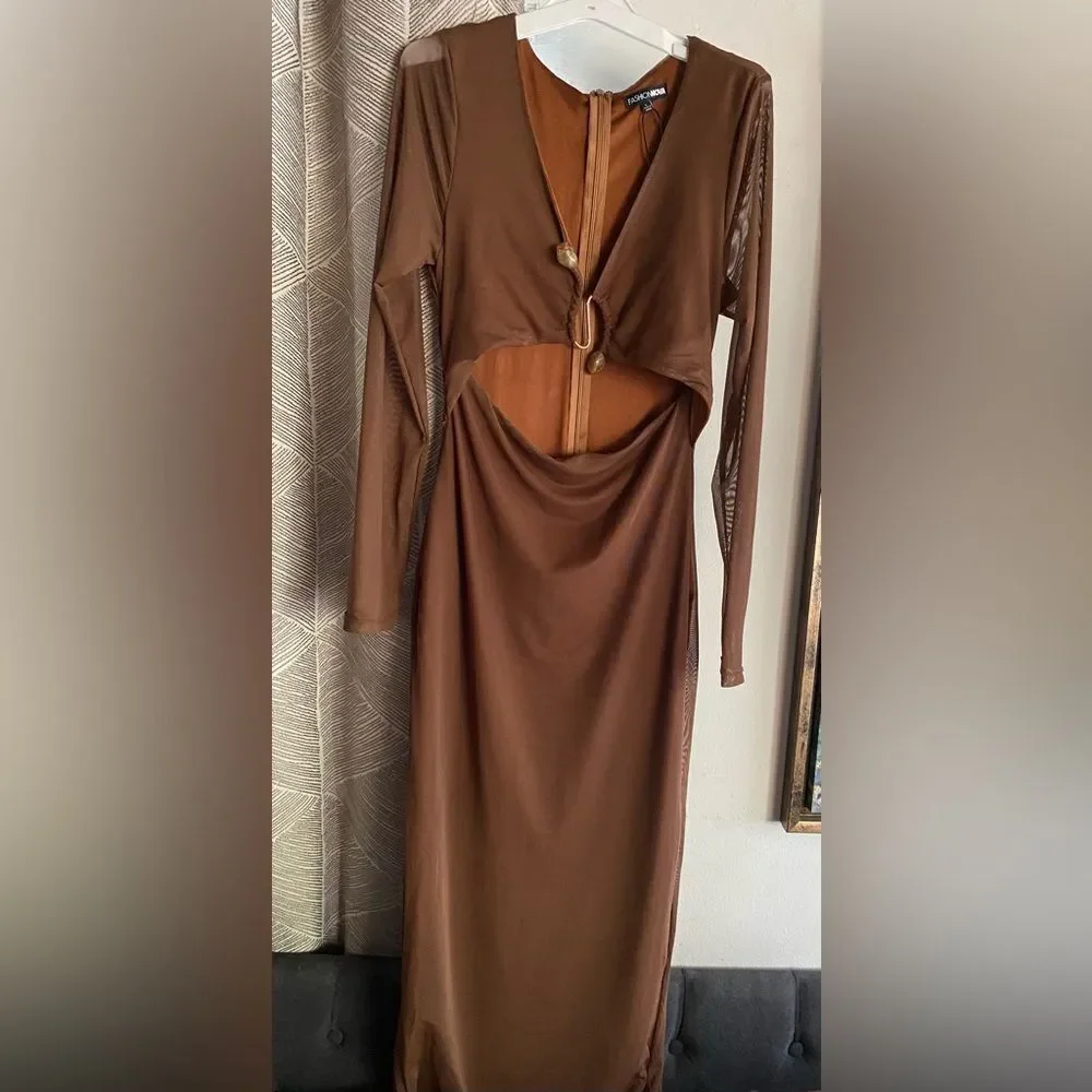Fashion Nova Kristen Mesh Maxi Dress Brown Mesh Long Sleeve Sz Large NWT - Picture 4 of 14